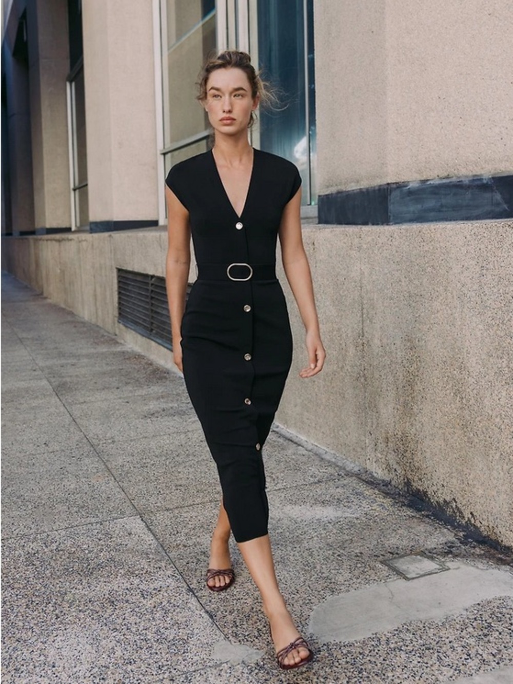 Zara Belted Stretch Black Midi Dress V-Neck Size L NWT